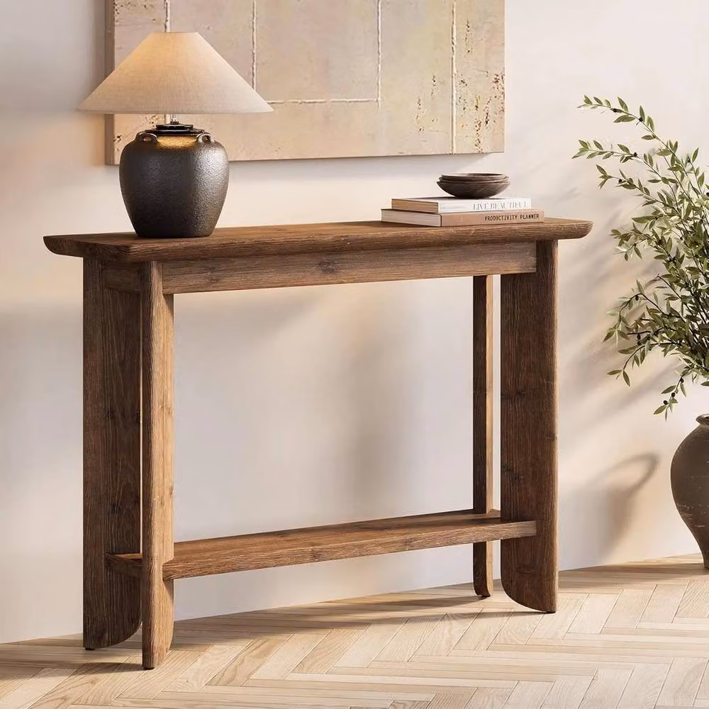 VOGREX Rustic Solid Wood Console Table with 2-Tier Storage Shelves in Brown, W/D/H: 105 x 30 x 79.99 cm – 3