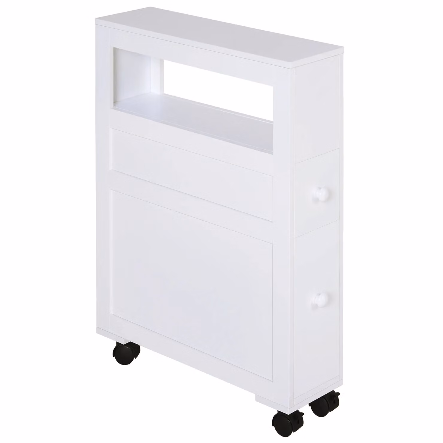 HOMCOM Narrow White Bathroom Storage Unit with 2 Drawers and Open Top on 4 Wheels, H 72 cm x W 16 cm x D 16 cm – 2