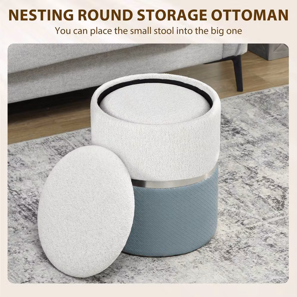 HOMCOM Set of 2 Round Storage Ottomans in Grey and Silver, Cylindrical Upholstered Footstools with Removable Covers, W/D/H: 45 x 45 x 36 cm and 45 x 45 x 6 cm – 3