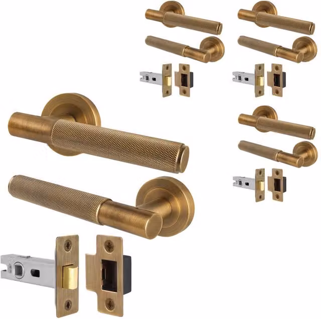 AFIT Antique Brass Knurled Round Rose Door Handles with Latch, Bronze, 4 Pairs, W: 15 cm, D: 15 cm