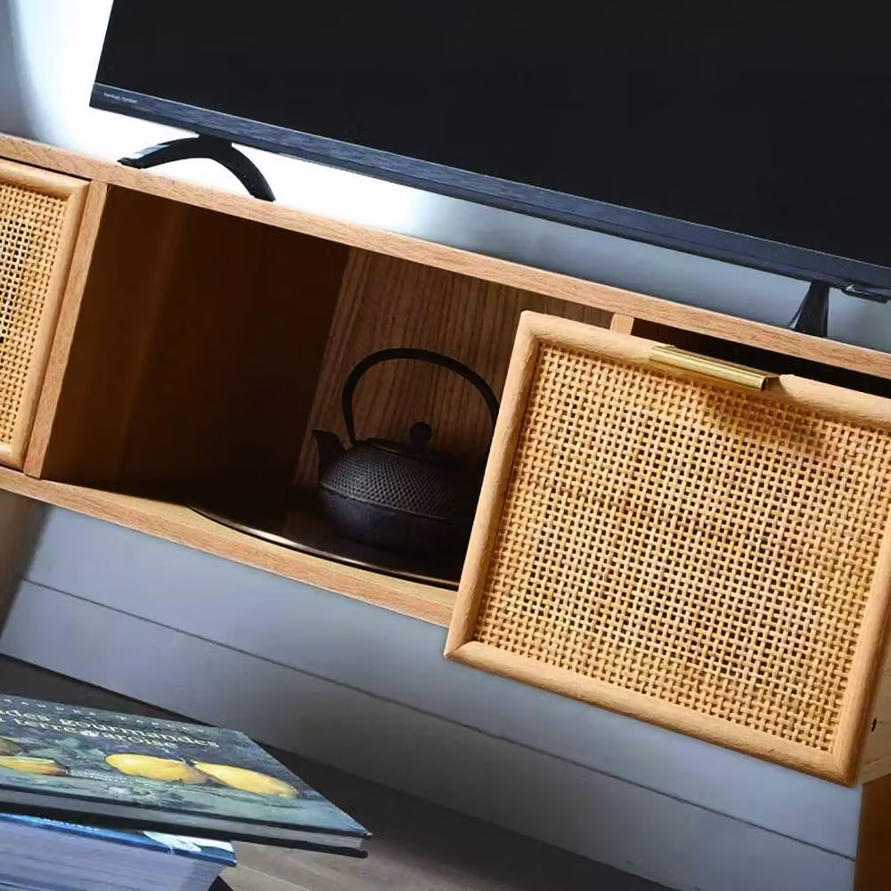 CALICOSY MIYA TV Stand with 2 Drawers and Rattan Fronts in Light Brown, W: 100 cm – 4