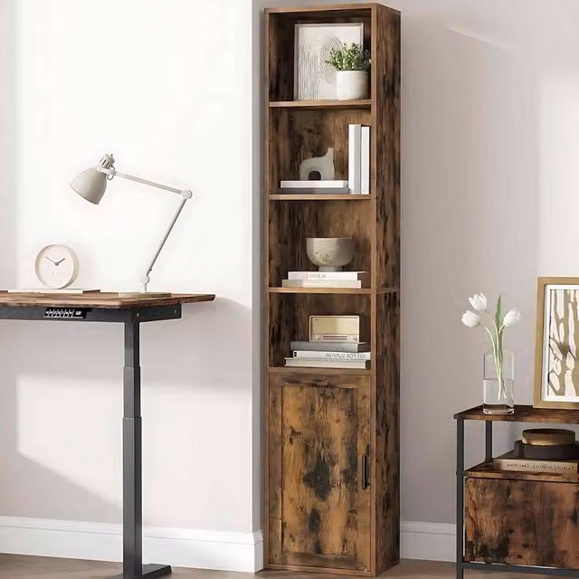 The Bazaarist 6 Tier Freestanding Bookcase with Door and Adjustable Shelves in Rustic Brown