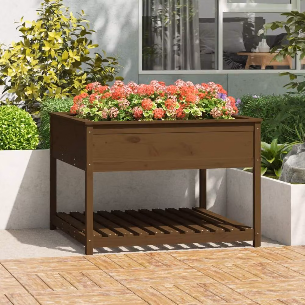 Berkfield Rustic Wooden Raised Bed Planter with Shelf, Brown Pine Wood, W/D/H: 111.5 x 111.5 x 81 cm – 2