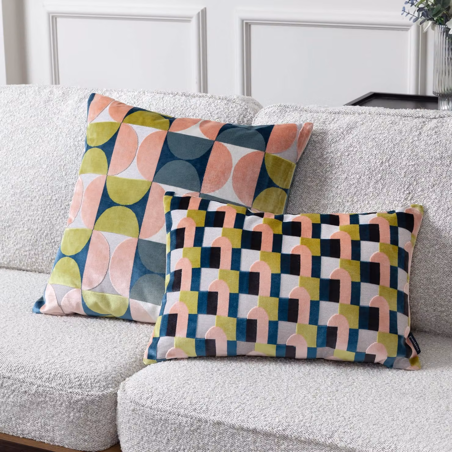 Paoletti Keela Cut Velvet Geometric Polyester Filled Cushion in Pink and Green, W/H: 50 x 35 cm – 6