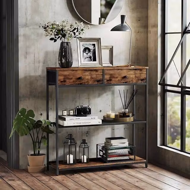 The Bazaarist Industrial Narrow Console Table with 2 Drawers and 3 Shelves in Brown and Black – 1
