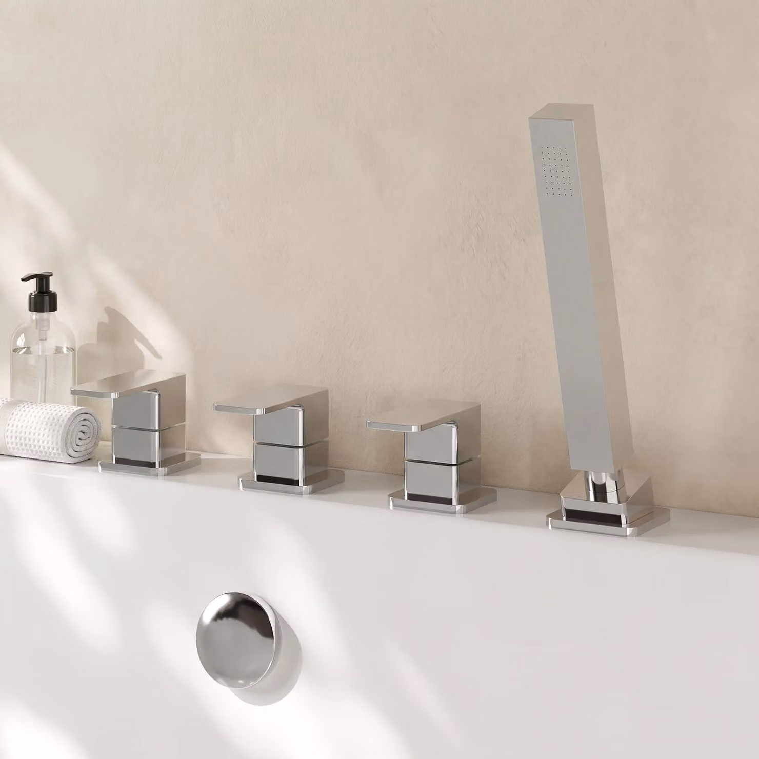 Balterley Square 4 Tap Hole Deck Mount Bath and Shower Mixer Tap with Kit in Chrome Silver – 2