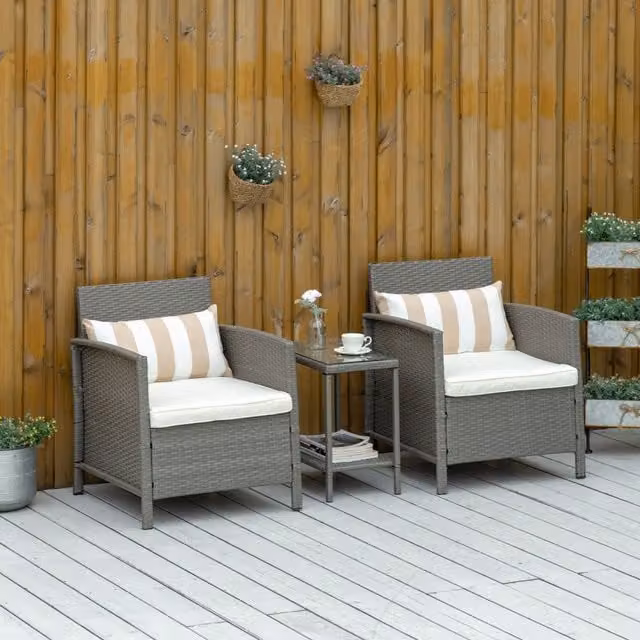 OUTSUNNY 3 Piece Outdoor Rattan Sofa Set with Chairs and Coffee Table in Light Grey