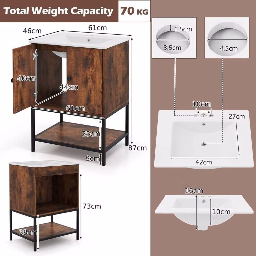 Kelvenix Modern Under Sink Bathroom Storage Cabinet with Ceramic Sink in Brown – 2