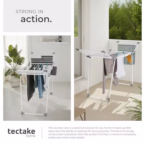 tectake Winged Clothes Airer in White with 25 Drying Rails and 2 Clip Holders, Foldable Steel Clothes Drying Rack, H 176 x W 60 x D 60 cm – 4