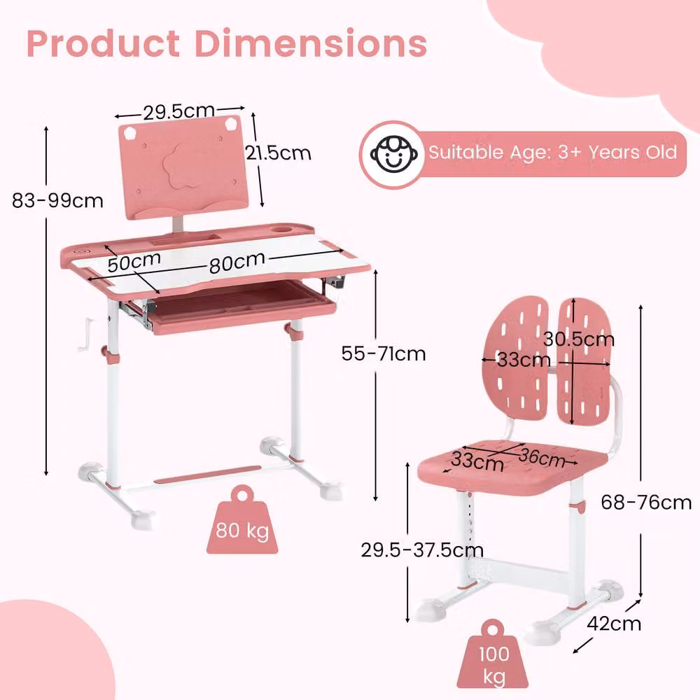 Costway Height-Adjustable Kids Activity Desk and Chair Set in Pink – 2