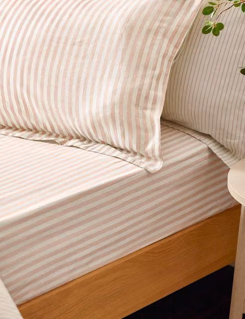YARD Pink Striped Pure Cotton Breathable Fitted Sheet W/D/H: 140 x 200 cm