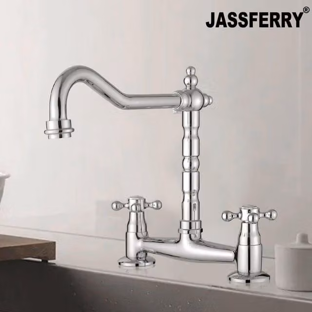 JASSFERRY Two-Handle Brass Bridge Mixer Tap for Kitchen Sinks in Silver Chrome – 1