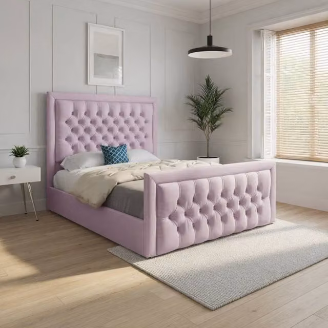 KDMD Sway Double Upholstered Velvet Designer Bed Frame in Pink, W: 140 cm x L: 200 cm – 1