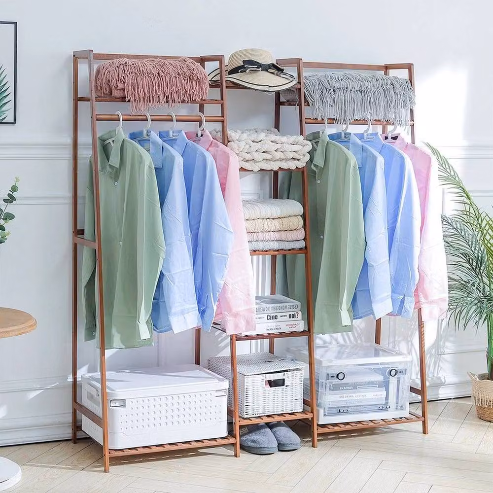 NESTLUNE Large Bamboo Ladder Hanging Clothes Rail Garment Rack in Brown – 1