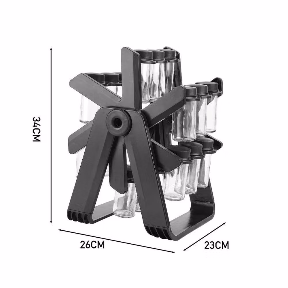Pawnora Rotating Spice Rack with 18 Black Glass Jars – 2