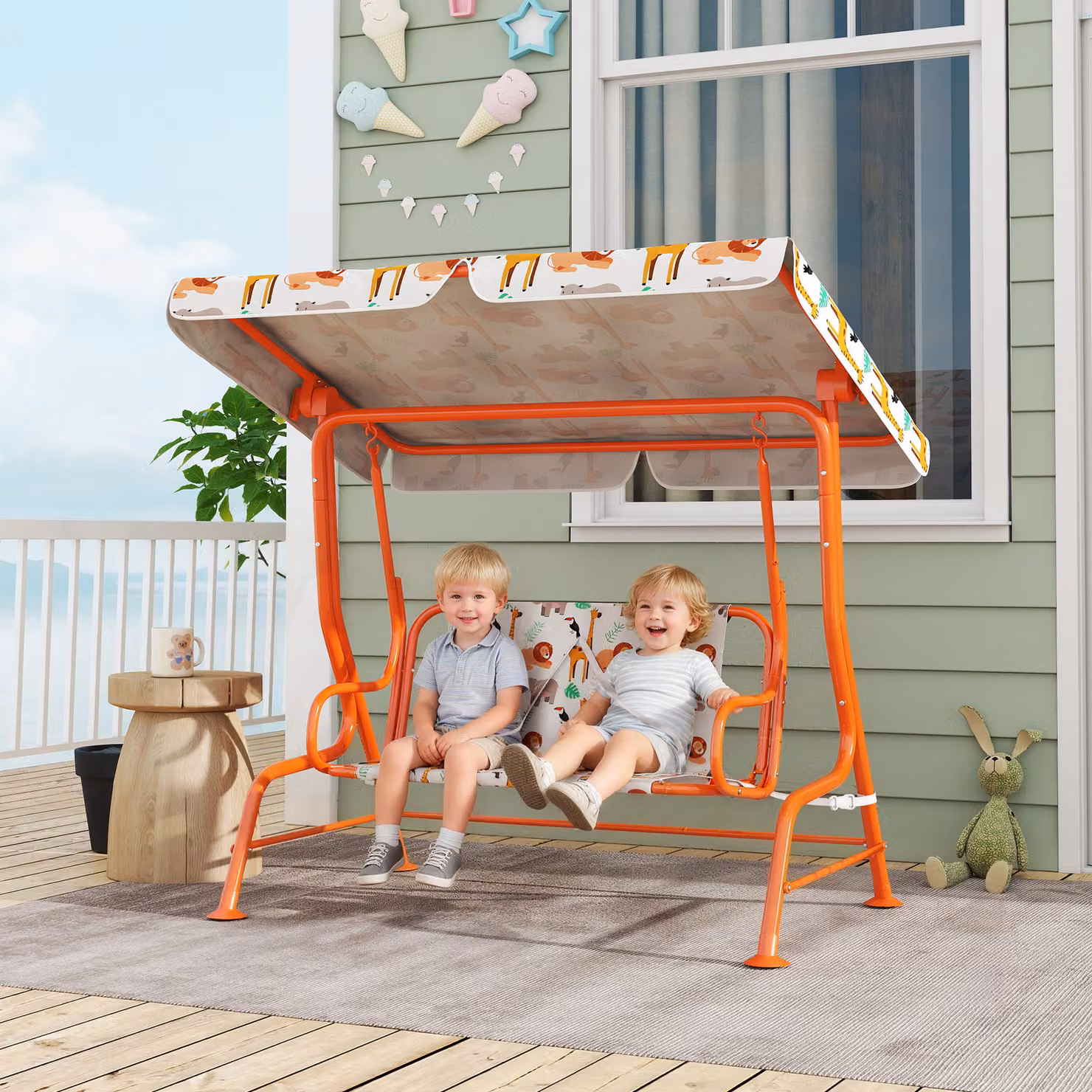 AIYAPLAY Kids Porch Swing, 2-Seater Orange Patio Swing Bench Hammock with Adjustable Sun Canopy and Seat Belts – 2