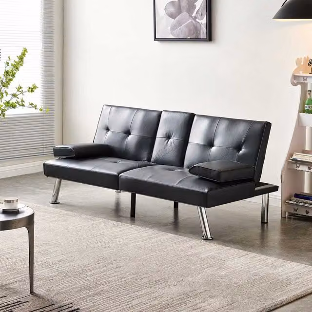 WestWood Manhattan Faux Leather Click Clack Sofa Bed in Black with Cup Holders and Scatter Cushions