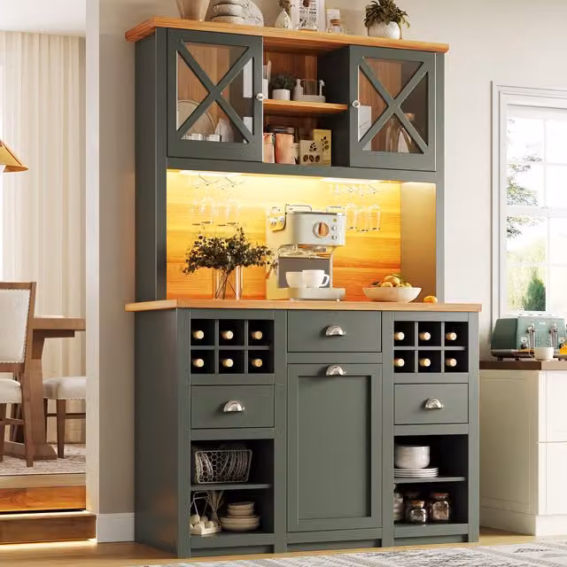 Aosom UK Tall Kitchen Cabinet with Glass Doors and LED Lighting in Antique Green, W/D/H: 45 x 45 x 188 cm