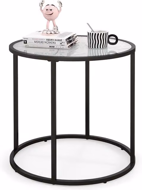 Gymax Round Glass End Table with Black Faux Marble Effect and Metal Frame, Diameter: 50 cm – 1