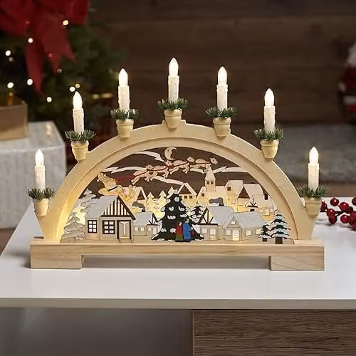 GloBrite Wooden Christmas Candle Bridge Arch with Santa Village Scene and 10 Warm White LED Taper Candles