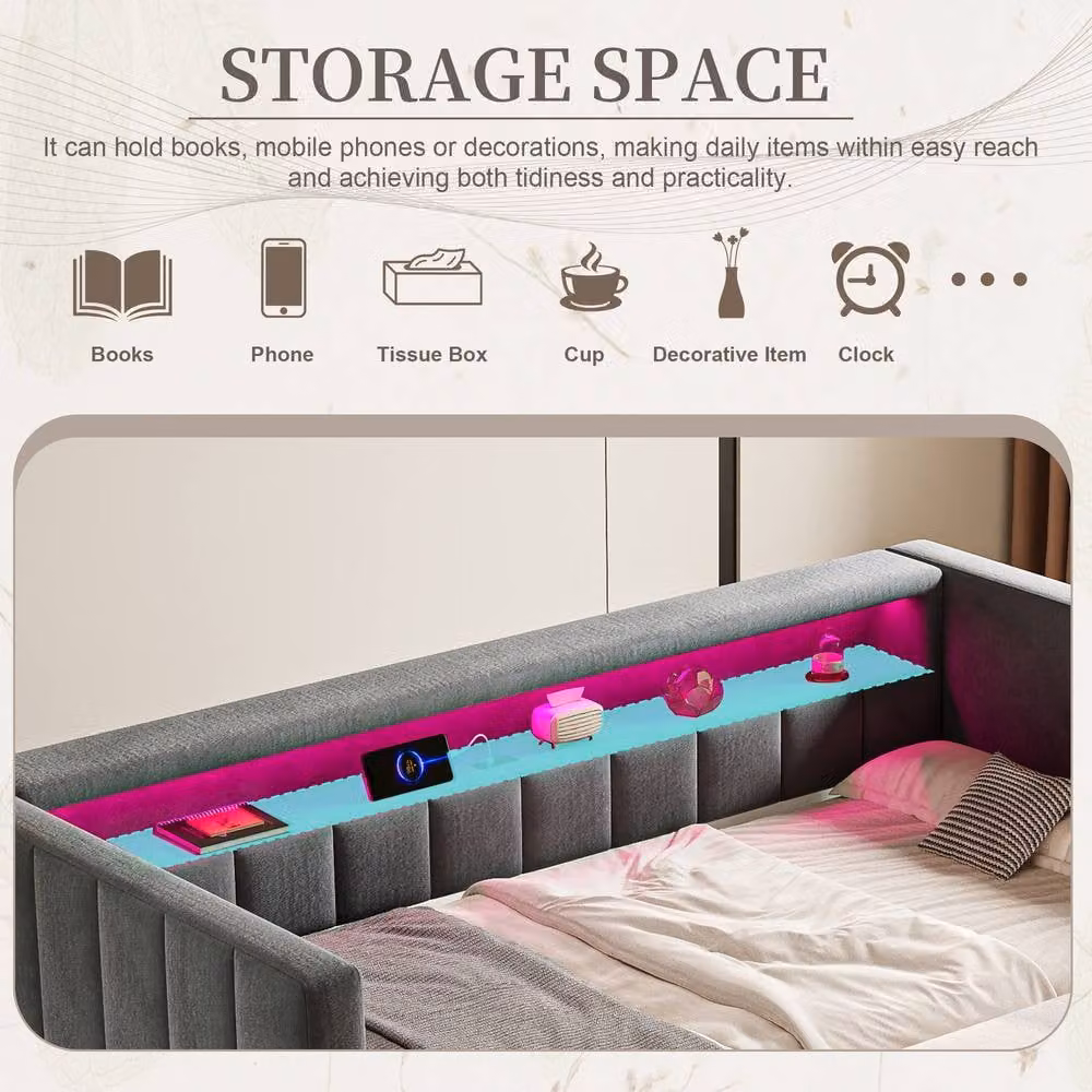 Direct Wicker Multifunctional Single Pull-out Sofa Bed with USB-C Port and LED Lighting in Dark Grey, W/D/H: 201 x 73 x 100 cm – 6