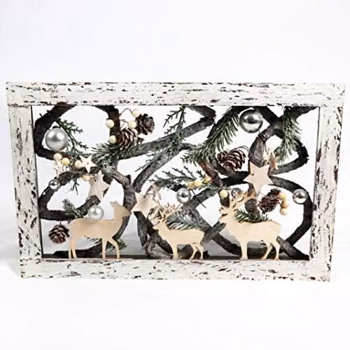 Shatchi Christmas Pre-Lit Rectangular Wooden Tabletop Centrepiece Decoration in White, Brown and Silver with Warm White LEDs – 2