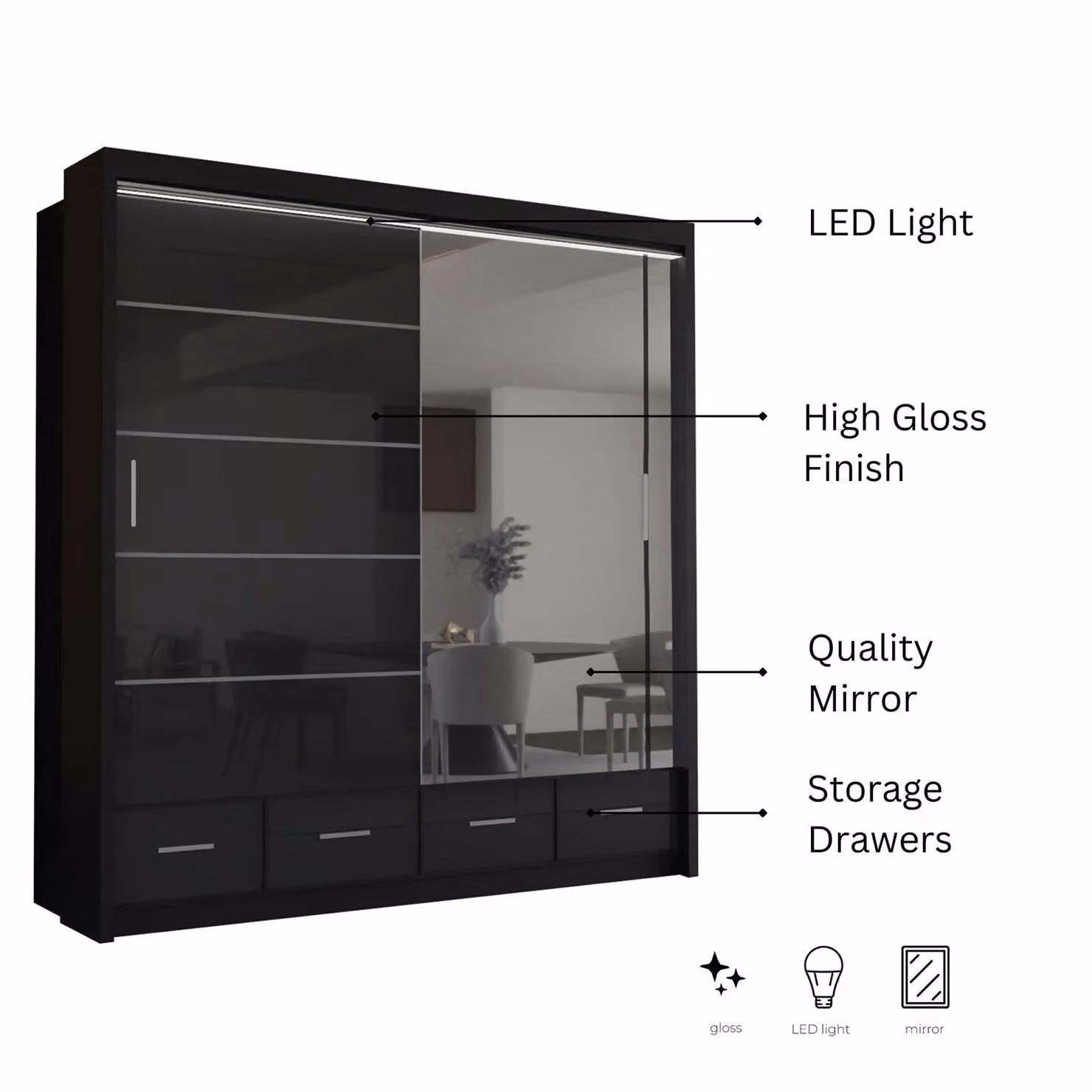 Sliding Wardrobes 4U Luxury High Gloss Sliding Wardrobe with Integrated LED Light, Black, W: 208 cm, H: 220 cm – 3