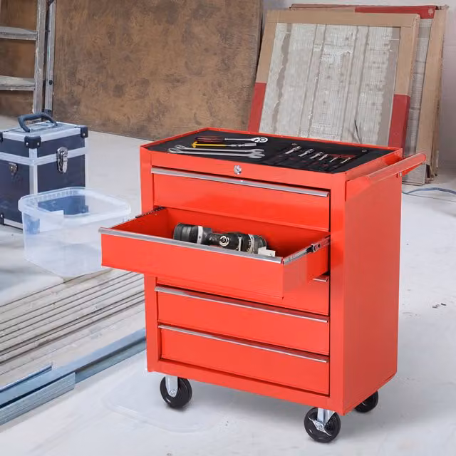 DURHAND Lockable Steel Roller Tool Cabinet with Worktop, Red