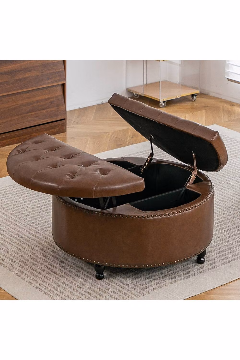 Living and Home Round PU Leather Upholstered Storage Ottoman in Brown – 2