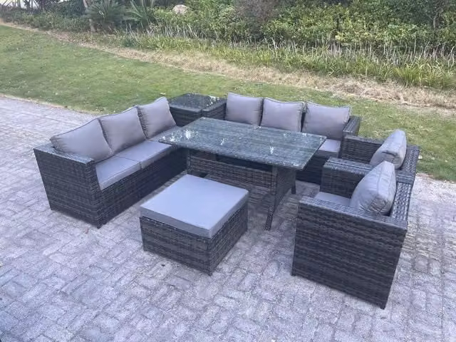 Fimous 9 Seater Rattan Garden Furniture Set with Dining Table, 2 Armchairs, Side Table and Large Footstool in Dark Grey