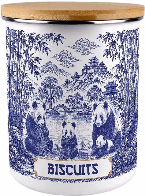 Purely Home Bamboo Forest Pandas Extra Large Metal Biscuit Tin in Blue