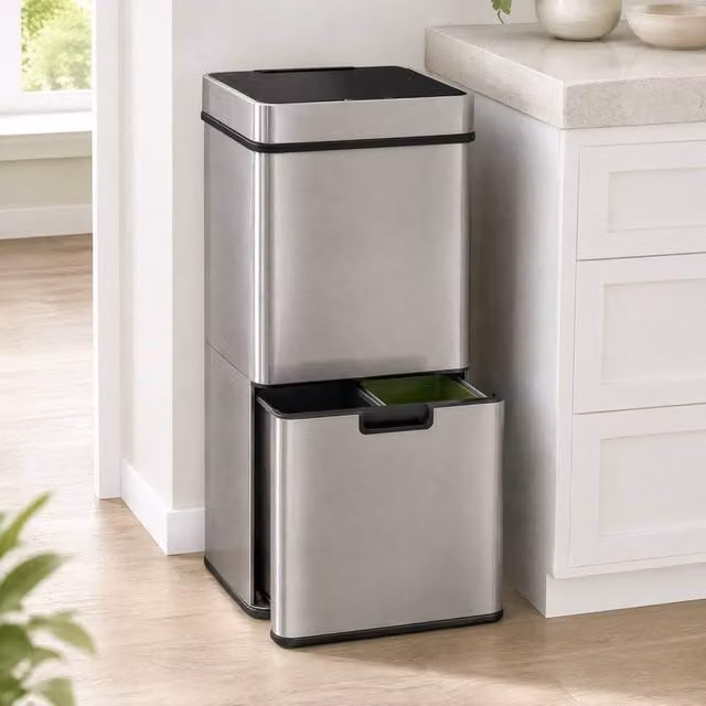 STILVORA 72L Sensor Recycling Bin with 3 Compartments in Grey Stainless Steel – 1