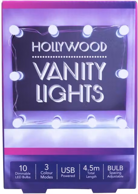 Fizz Creations Hollywood Vanity LED String Lights, White, Dimmable and Adjustable Battery Powered Mirror Lights