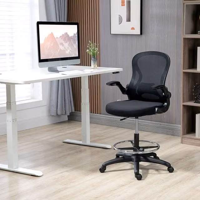 Vinsetto Black Drafting Chair with Mesh Back, Armrests and Foot Ring – 1