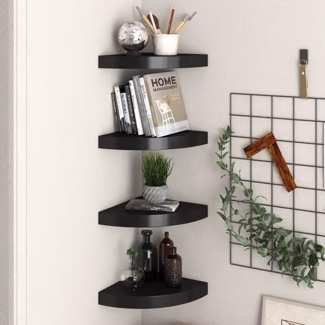 Berkfield Home Set of 4 Black Floating Corner Shelves, W/D/H: 25 x 25 x 4 cm