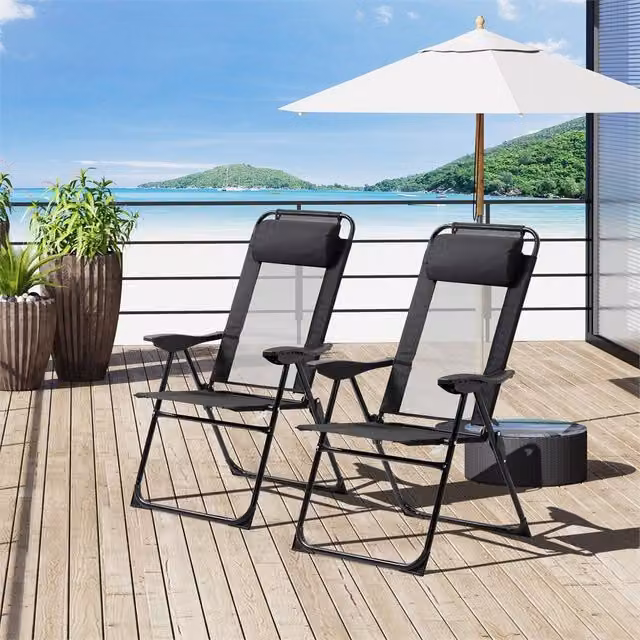 Outsunny Set of 2 Black Textilene Folding Recliner Chairs with Armrests – 1