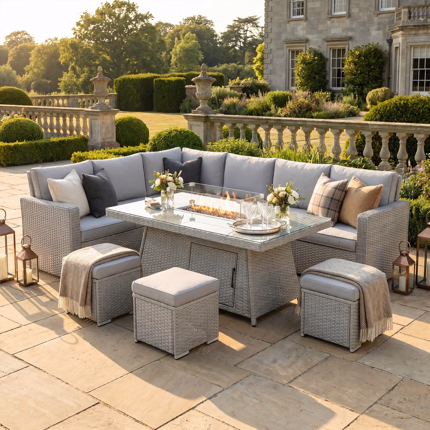 Outsunny 7 Piece Grey PE Rattan Garden Furniture Set with 50,000 BTU Gas Fire Pit Table, Double Corner Sofa and 3 Footstools – 5