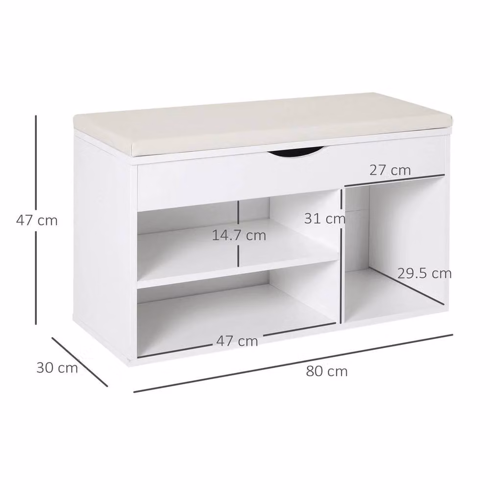 FORGEVIO Wooden Shoe Cabinet Bench with Padded Synthetic Leather Seat in White and Multicolour – 2