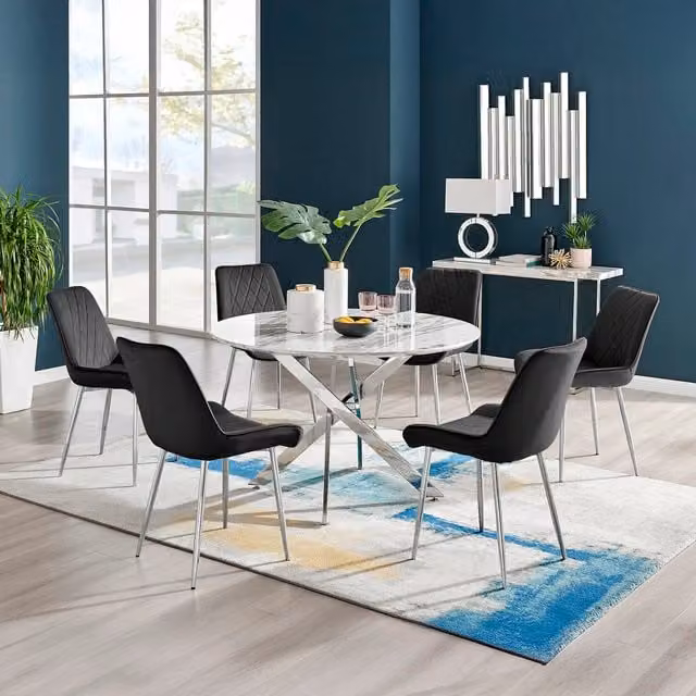 FurnitureboxUK Novara White Marble Effect Round Dining Table and 6 Pesaro Silver Chairs in Black