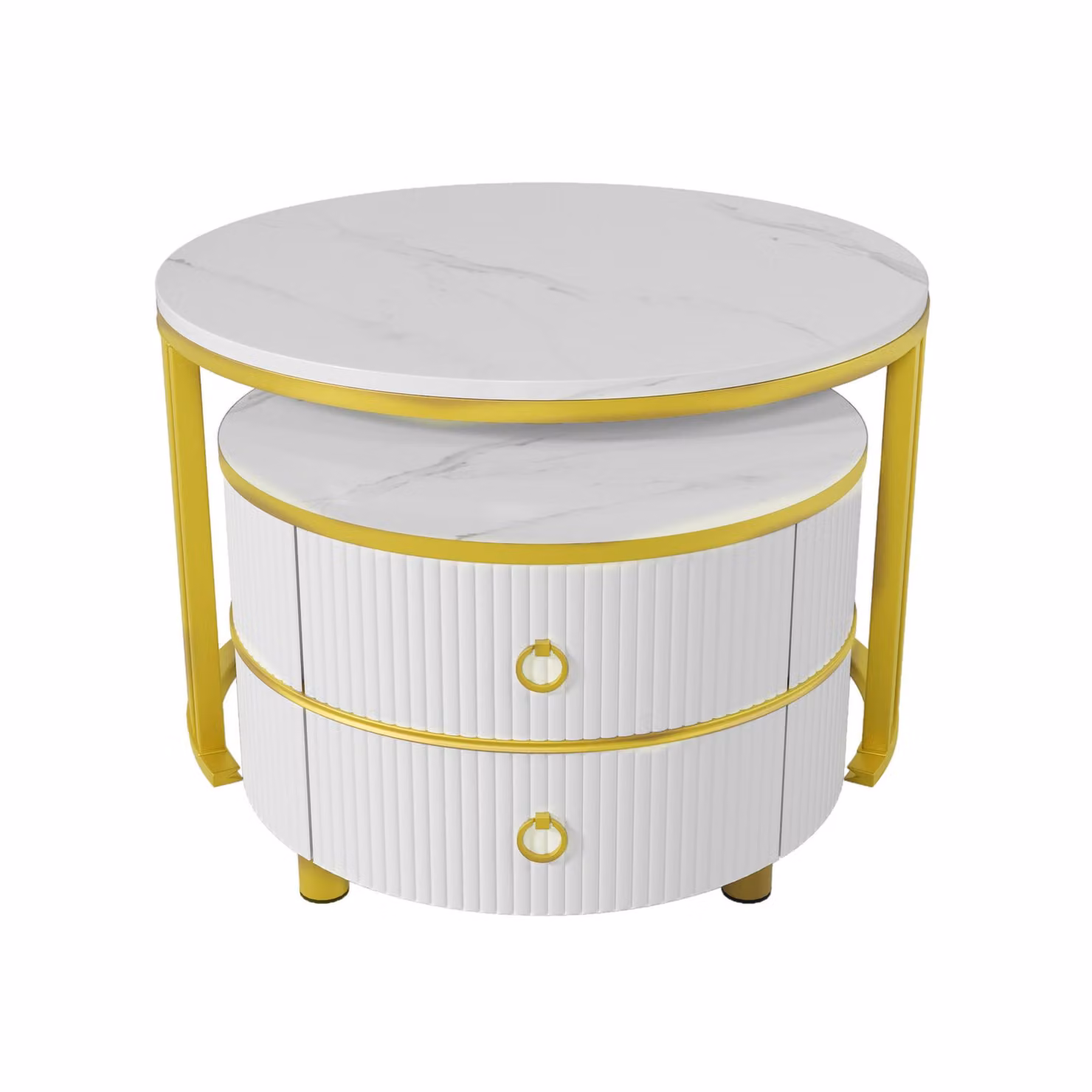 Aosom UK 2-in-1 Round Coffee Table Set with High-Gloss Tops and 2 Drawers, White, W: 70 cm, D: 70 cm, H: 46 cm – 2