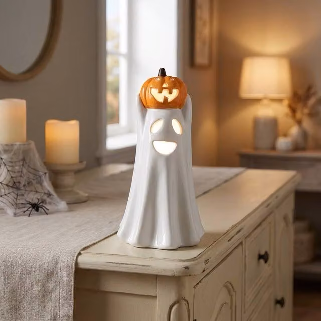 Garden Greatness Halloween LED Ghost Pumpkin Tabletop Ornament in White and Multicolour