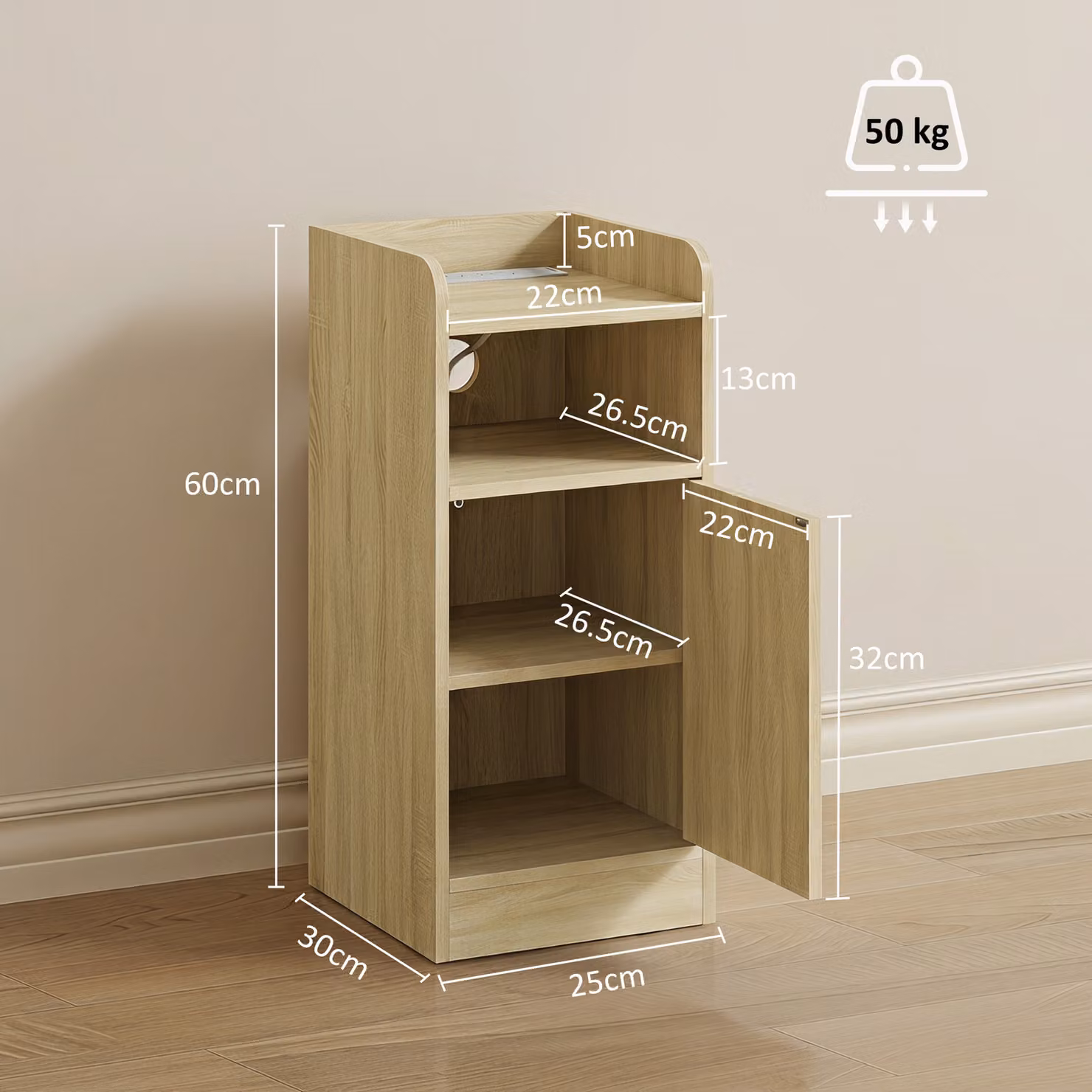 HOMCOM Set of 2 Slim Bedside Tables in Oak with Integrated Charging Station and Adjustable Shelf – 3