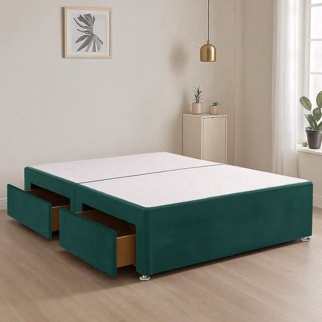 Bed Time UK Green Velvet Upholstered Divan Bed Base with 2 Storage Drawers, W/D/H: 90 x 200 cm