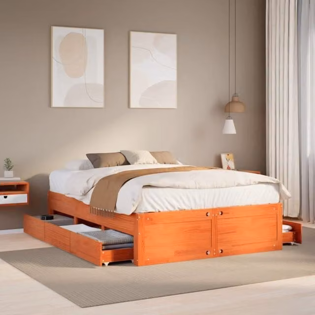 Berkfield Home Solid Wood Pine Bed Frame with Drawers, Wax Brown, W/D/H: 140 x 190 cm – 1
