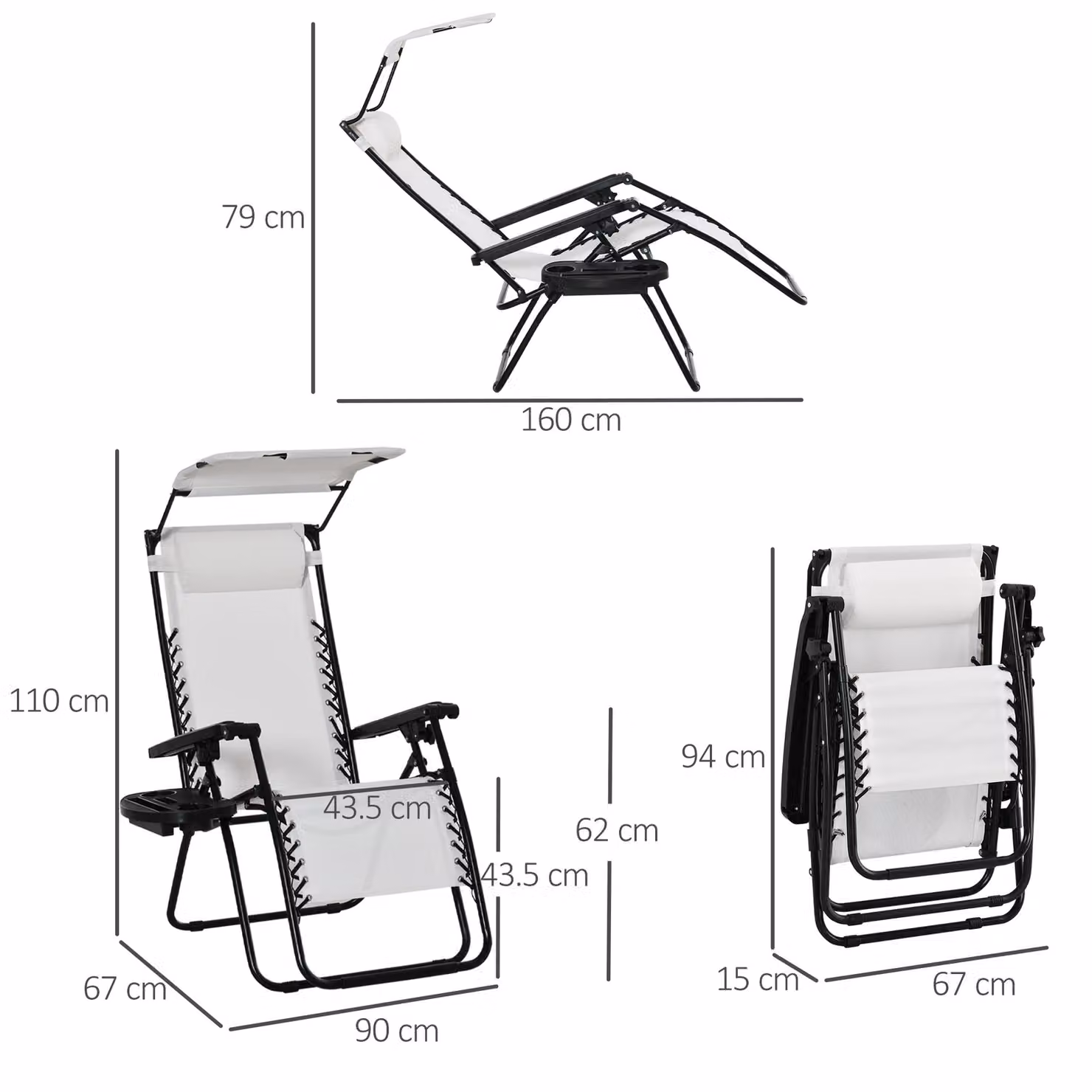 Outsunny Zero Gravity Folding Garden Deck Chair with Canopy Shade and Cup Holder, White – 3