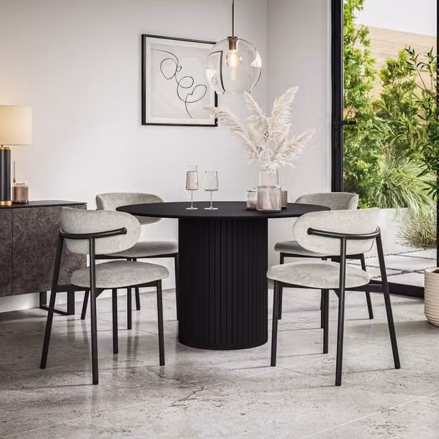 More4Homes Arlo Black Round Dining Table and Myla Grey Linen Dining Chairs Set of 6, W/D/H: 120 x 120 x 75 cm – 1