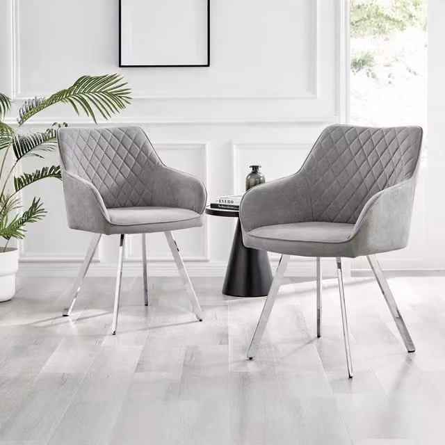 FurnitureboxUK Set of 2 Falun Mid-Century Fabric Dining Chairs in Grey with Silver Metal Legs