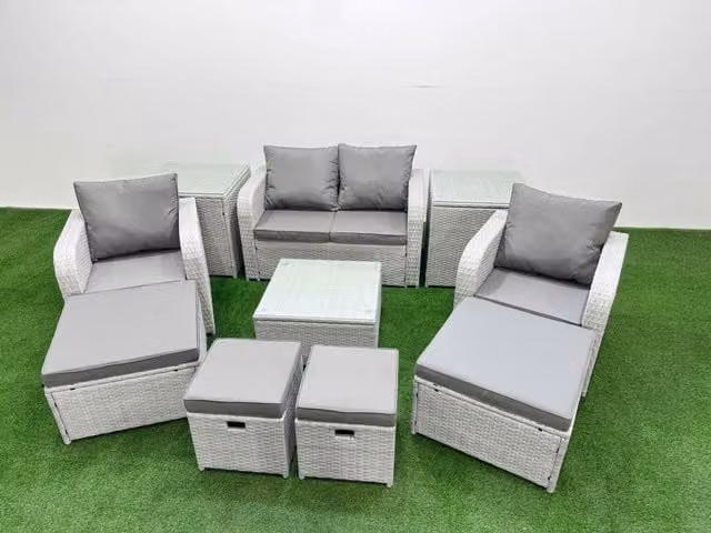 Fimous PE Rattan Love Sofa Reclining Chair Set with 4 Footstools and 2 Side Tables in Light Grey