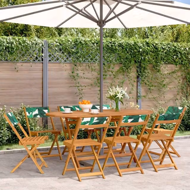 Berkfield Home Set of 8 Folding Garden Chairs in Green Fabric and Solid Acacia Wood – 1