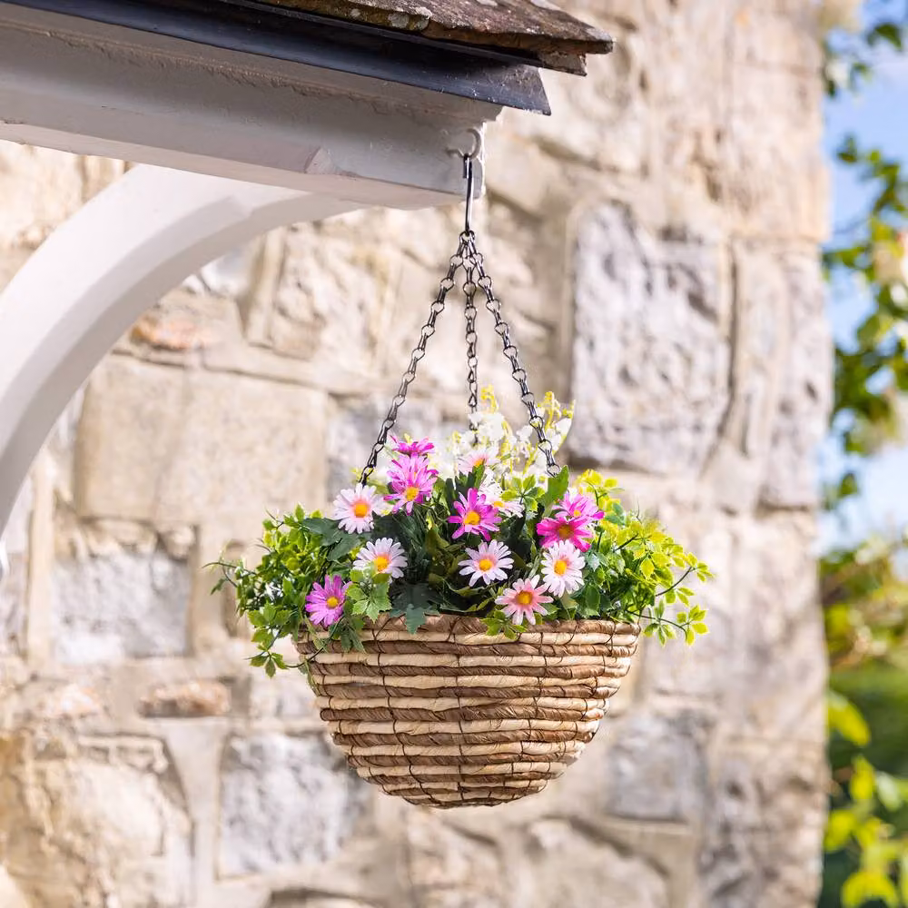 Christow Artificial Daisy Woven Hanging Basket in Yellow, Pink or Multicolour, Diameter: 25 cm – 5